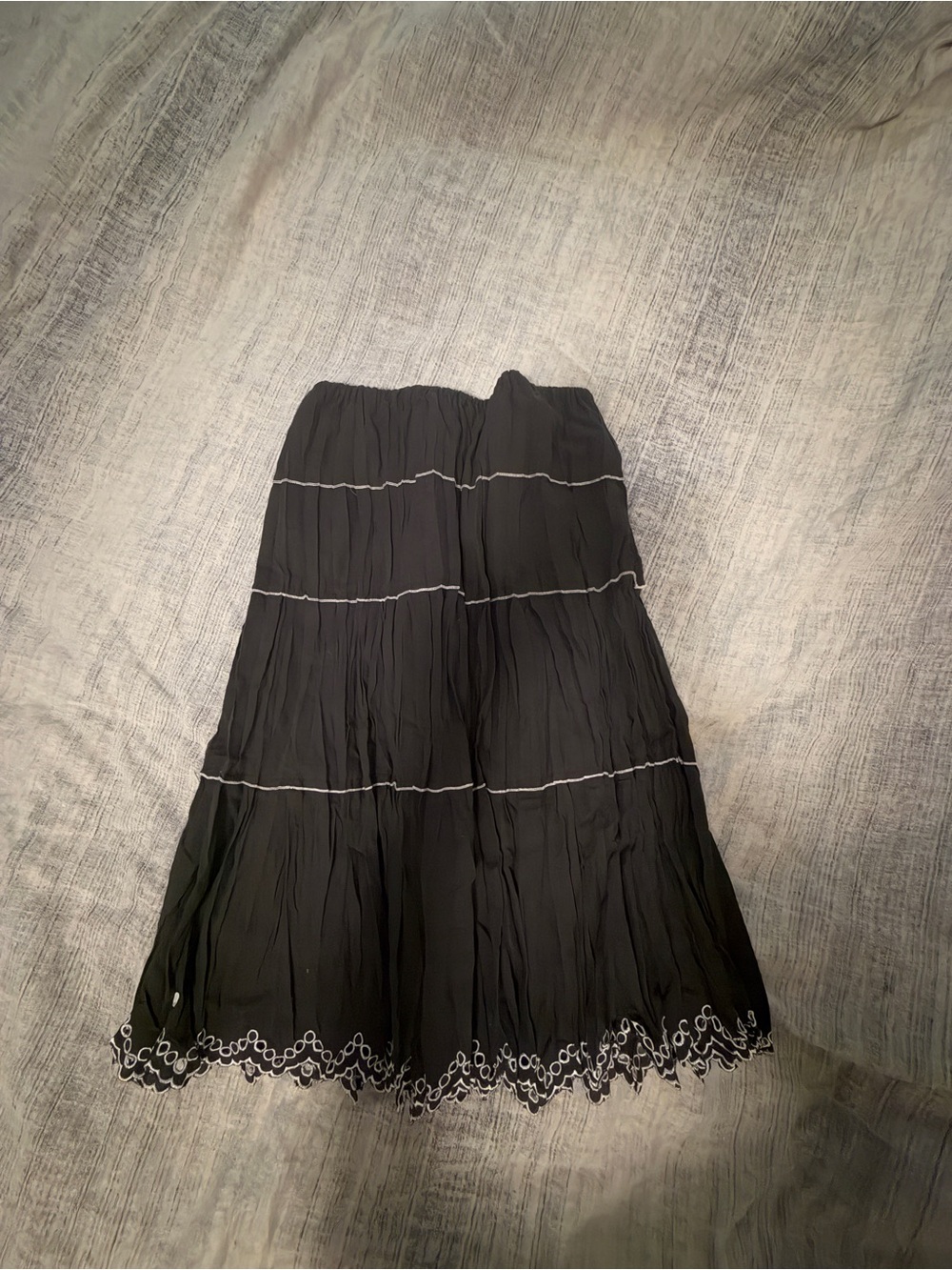 Allison Taylor Black Tiered Midi Skirt with White Embroidered Hem